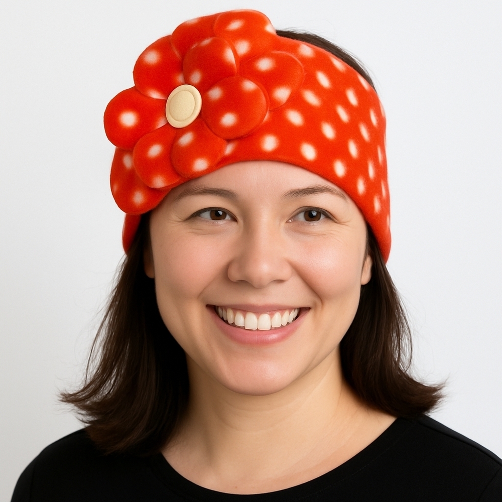 Handmade Orange and White Fleece Headband With Flower Detail